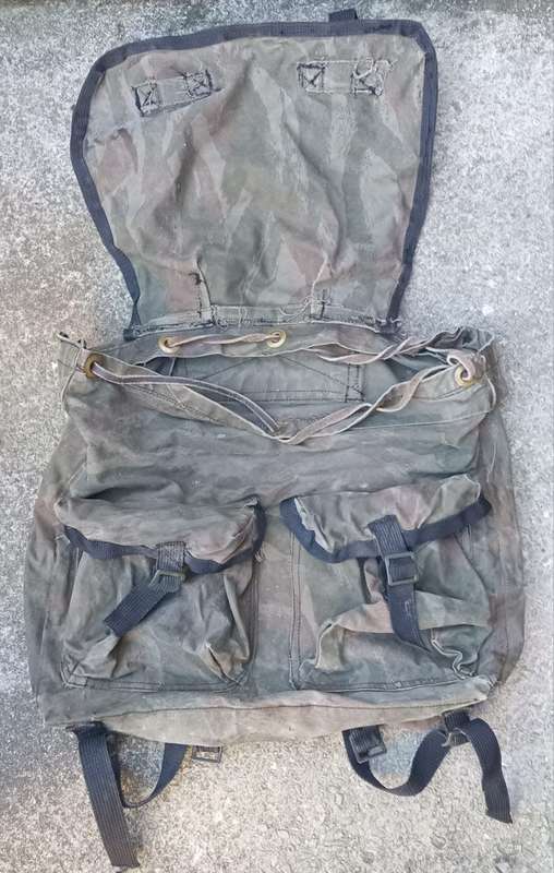 original/period medium size FAPLA grey lizard camo canvas rucksack (custom made?) in good used