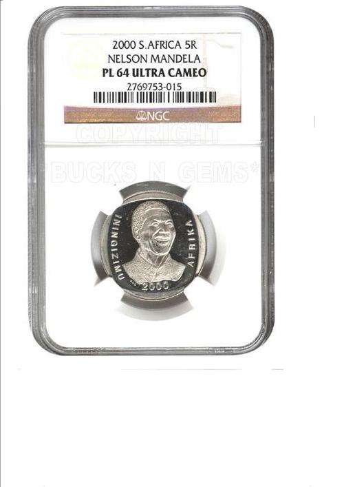 PL64 U/CAMEO 2000 MANDELA SMILE R5 COIN!!PL64 ULTRA CAMEO!!NGC GRADED HIGH VALUE!!***