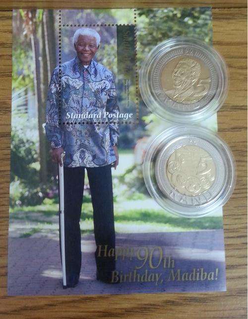 **WOW**NELSON MANDELA 90th BIRTHDAY UNC LOCAL STAMP**WITH UNC SARB R5 & 2008 MANDELA R5 COIN**