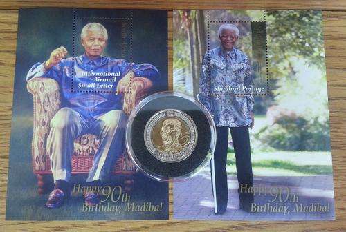 **COMBO**NELSON MANDELA 90th BIRTHDAY UNC LOCAL & INT STAMP**UNC 2008 MANDELA COIN IN BIG CAPSULE**