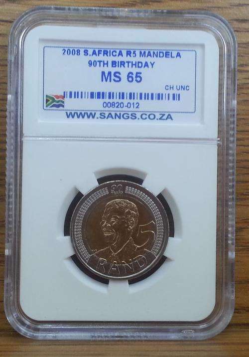 **MS65** RSA 2008 MANDELA 90th B-DAY MS65 SANGS GRADED R5 COINS**