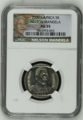 **AU55** LIMITED EDITION LABEL** RSA 2000 MANDELA SMILEY R5 AU55 NGC GRADED COINS**