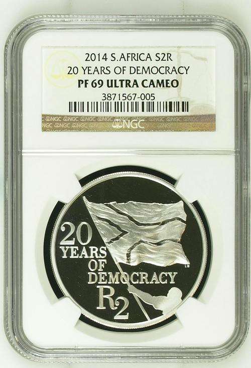 SECOND FINEST**20 YEARS OF DEMOCRACY 1994-2014**PROOF STERLING SILVER CROWN PF69 NGC GRADED**POP 29
