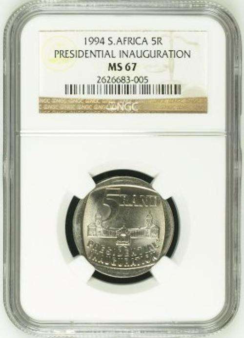 **MS67**1994 MANDELA INAUGURATION MS67 NGC GRADED COIN**BUILDINGS SHOWING FRONT*