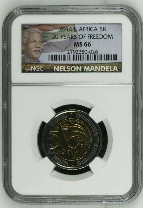 **FIRST EVER**COLOR LABEL 2014 20 YEARS OF DEMOCRACY R5 MS66 NGC GRADED**BE THE FIRST OWNER OF THIS!