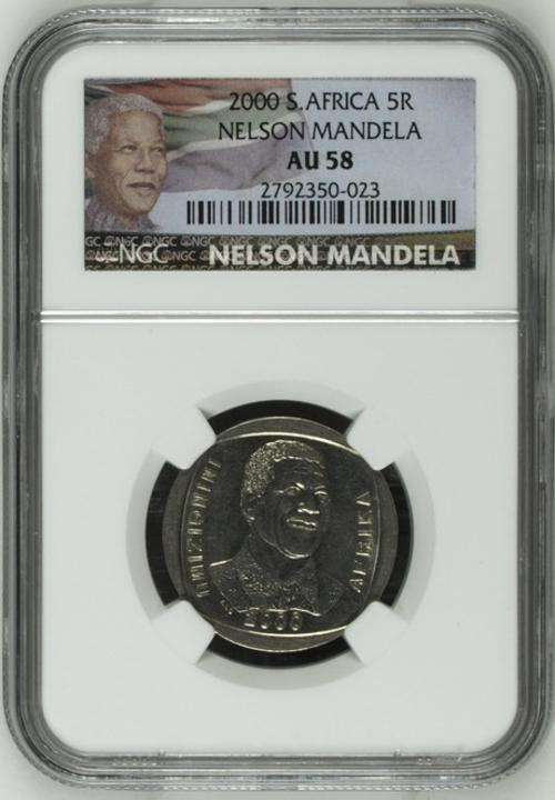 **AU58** LIMITED EDITION LABEL** RSA 2000 MANDELA SMILEY R5 AU58 NGC GRADED COINS**