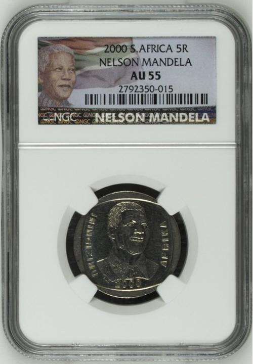 **AU55** LIMITED EDITION LABEL** RSA 2000 MANDELA SMILEY R5 AU55 NGC GRADED COINS**
