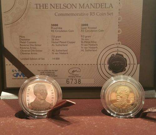 **THE ORIGINAL NELSON MANDELA COMMEMORATIVE R5 COIN SET** 2000 PL & 2008 LASER FROSTED**