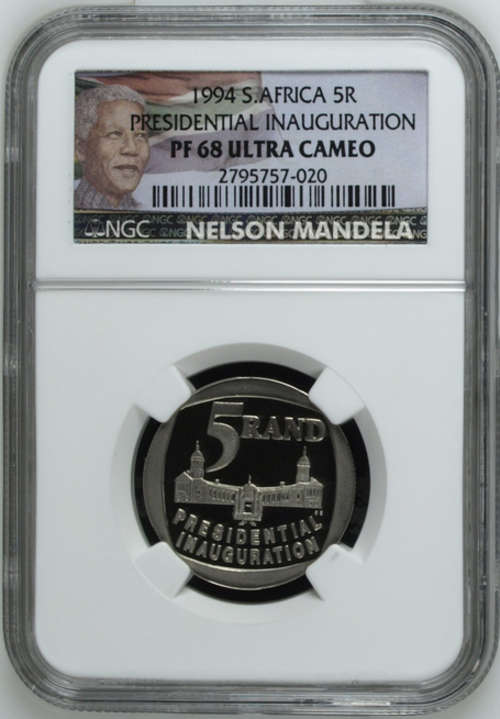 **PROOF GEM**1994 MANDELA INAUGURATION PF68 UC NGC GRADED**COLOR LABEL**BUILDINGS IN FRONT**