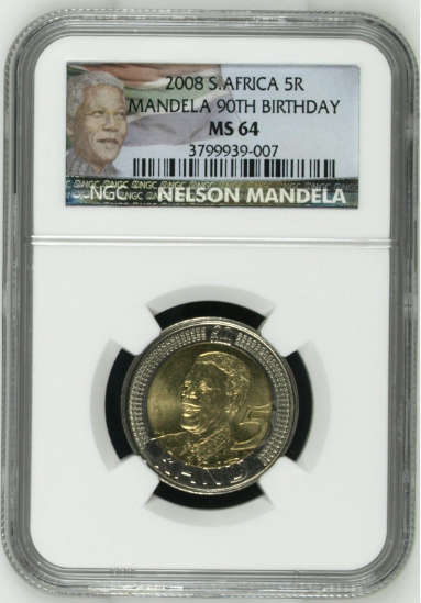 **2008 MANDELA 90th BIRTHDAY MS64 NGC GRADED COIN**COLOR LABEL**VERY RARE**
