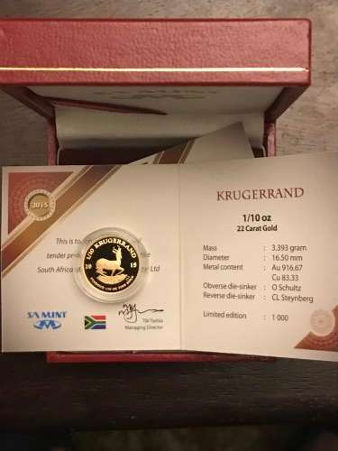 **KRUGERRAND**2015 KRUGERRAND 1/10th Oz 22 CARAT PROOF GOLD**IN SA MINT BOX WITH CERTIFICATE**