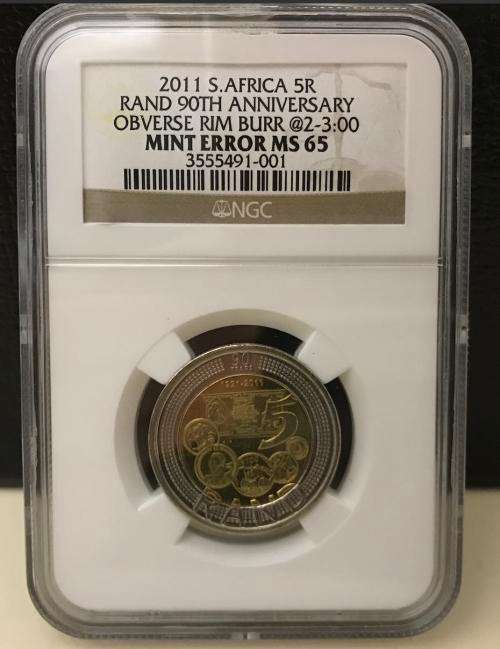 **2011 SARB 90th ANNIVERSARY MINT ERROR MS65 NGC GRADED COIN**OBVERSE RIM BURR**