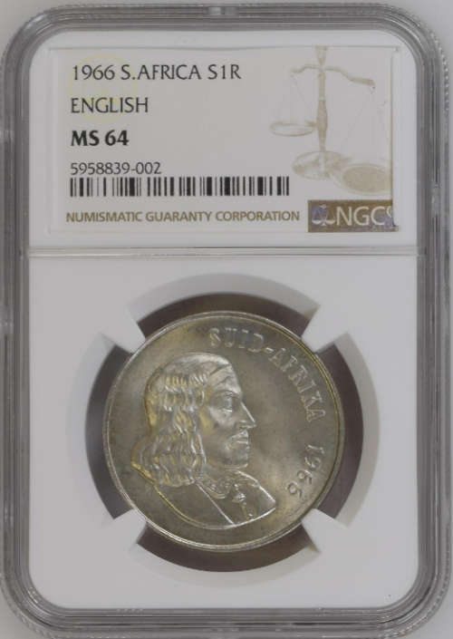 **GRADING ERROR**1966 SOUTH AFRICA AFRIKAANS R1 MS64 NGC GRADED AS ENGLISH**