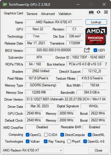 XFX AMD Radeon RX 6700 XT 12GB