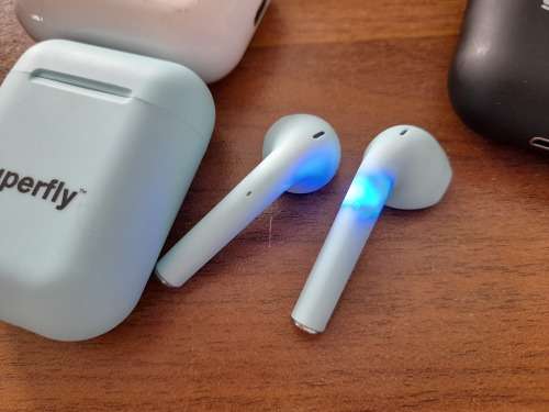 **FREE FREIGHT FRIDAY**LOT  OF 4 NEW SUPERFLY AIR PODS**BLACK, WHITE AND BLUE**WITH CHARGER AND CASE