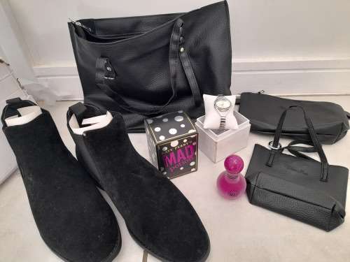 **SPRING SPECIAL**LOT OF LADIES STUFF**NEW 3 PC HANDBAG SET, KATTY PERRY PERFUME, SHOES,QUARTS WATCH