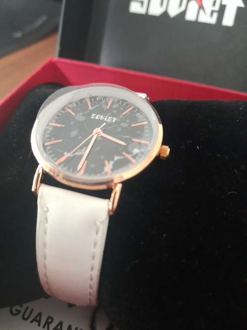 *CHRISTMAS SPECIAL**BRAND NEW LADIES SOVIET WATCH*WHITE LEATHER STRAP,GOLD BUCKLE, BLACK MARBLE**