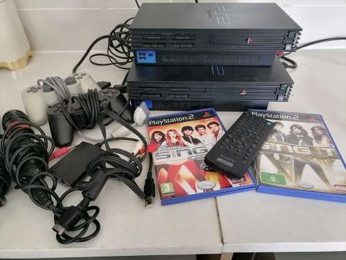 *MONTH END MAGIC*COMBO DEAL*2 X SONY PLAYSTATION 2 CONSOLS WITH REMOTE/CONTROL/GAMES/MICS ETC**