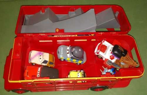 Disney/Pixar Cars Movie Character Lot Of 10 Cars With Large London Bus Car Transporter