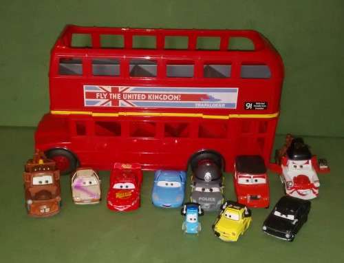 Disney/Pixar Cars Movie Character Lot Of 10 Cars With Large London Bus Car Transporter