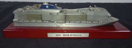 MSC Meraviglia Solid Metal Model Ship On Wooden Base, In Great Condition (Base Is 280mm Long)