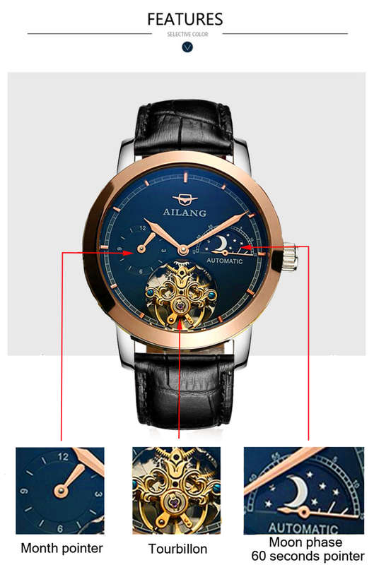 Tourbillon mechanical Auto Men's genuine leather strap Skeleton watch + BOX + GIFT