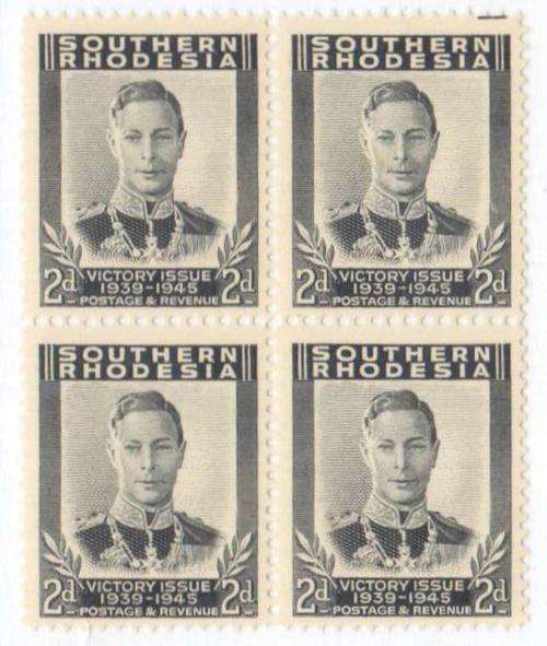 Southern Rhodesia, Unmounted Mint, 2d, "Victory Issue", 1945, Block of 4, ultra fine