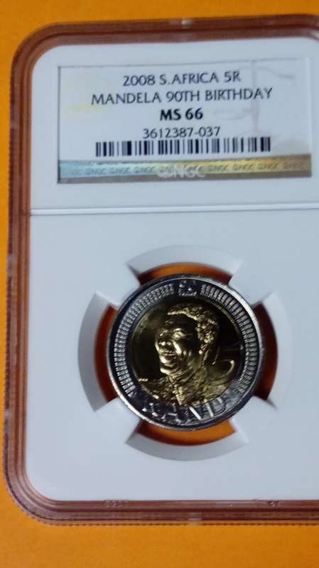 2008 Mandela 90th Birthday R5 NGC Graded. MS66 Old Label. Bid Per Coin.