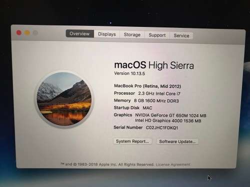 Apple MacBook Pro 15" i7 2.3GHz Retina Display** 8GB** 256 SSD***