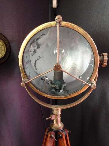 Antique Brass Ship's Spotlight with Wooden Tripod Base
