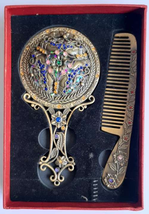 MIRROR COMB BRONZE HANDHELD  SET IN GIFT BOX