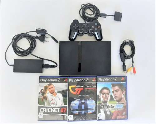 PLAYSTATION 2 CONSOLE SLIM  BLACK  + ORIGINAL  CONTROLLER   + CABLES + 3 GAMES - PLUG IN AND PLAY