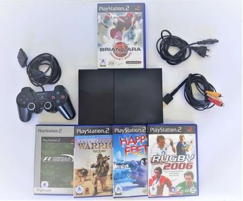 PS2 CONSOLE BLACK SLIM  + ORIGINAL  CONTROLLER + CABLES + 5 GAMES  - ( DEAL 003 )