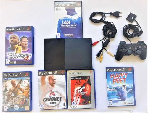 PLAYSTATION 2 (PS2) CONSOLE BLACK SLIM  + ORIGINAL  CONTROLLER + CABLES + 6 GAMES  - ( DEAL 017 )