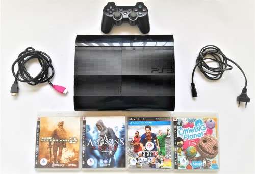 PS3 CONSOLE BLACK SLIM 12GB + ORIGINAL CONTROLLER + 4 GAMES & CABLES  - LAST ONE (  DEAL 016 )