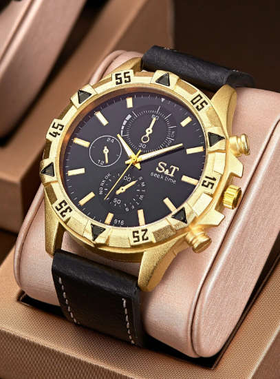 Mens Watch Black / Gold Triple Dial Date Quartz Dress Watch with PU Leather strap (Model L100)