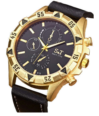 Mens Watch Black / Gold Triple Dial Date Quartz Dress Watch with PU Leather strap (Model L100)