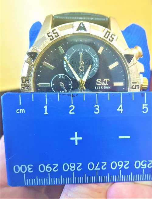 Mens Watch Black / Gold Triple Dial Date Quartz Dress Watch with PU Leather strap (Model L100)