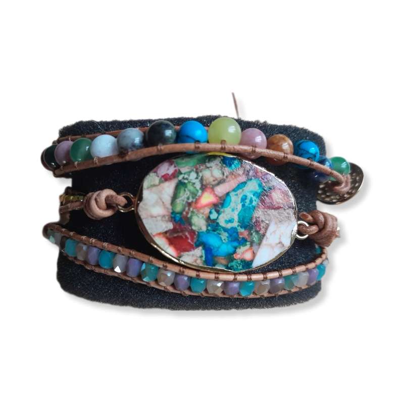 Ladies Natural gemstone and leather bracelet