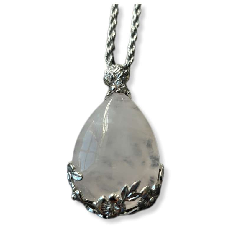 Natural Rose quartz  tear-drop gemstone with intricate metal flower design