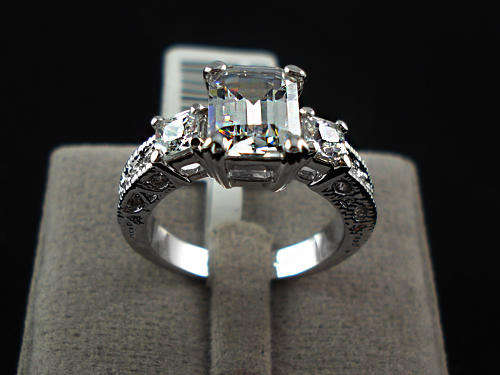 Breathtaking!! 2.5ct Designer Engagement ring- Emerald Cut Zirconia with 20 Accent Swiss Crystals!