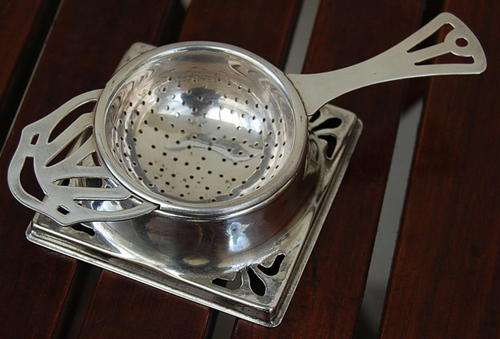 SILVER PLATED TEA STRAINER WITH HOLDER