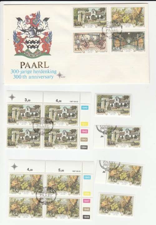RSA 1987 Paarl 300th Anniversary FDC 4.22 & Blocks