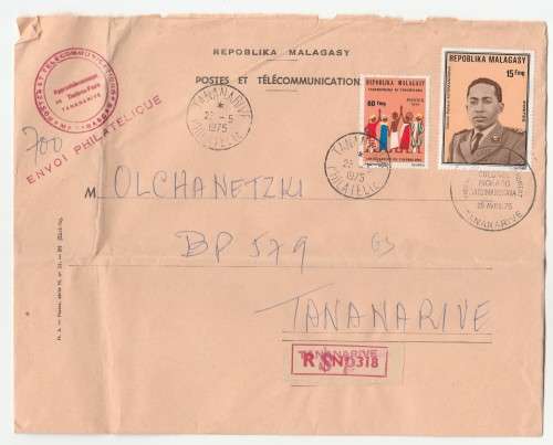 Madagascar - Used envelope Fananganama Ny Fokonolona (1974) & Colonel Richard Ratsimandrava (1975)