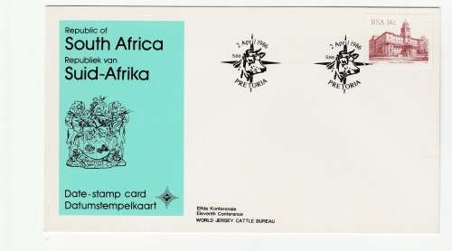 1986 RSA 11th International Conference of the World Jersey Cattle Bureau Date - Stamp Card