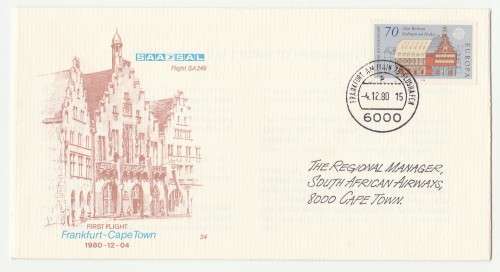 1980 RSA SAA Frankfurt-CT SA 249 First Fligth Commemorative Cover 34