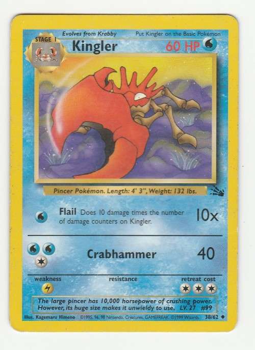 Pokemon FOSSIL Wizards Of The Coast 1999 - Kingler 38/62 - Uncommon