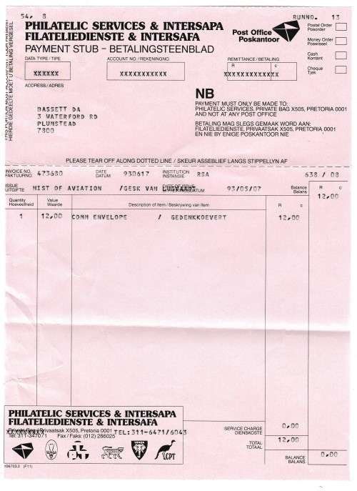 1993 RSA Philatelic Services & Intersapa Payment Stub