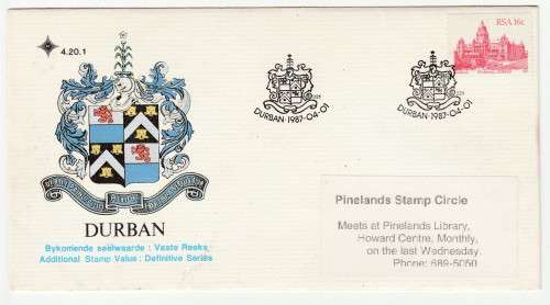 1987 RSA Durban Additional Stamp Value: Definitive Series FDC 4.20.1 - Pinelands Stamp Circle