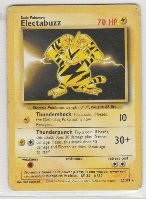 1995, 96, 98 Nintendo Creatures GAMEFREAK Pokemon - Gen I Base Set - Electabuzz 20/102 - Rare